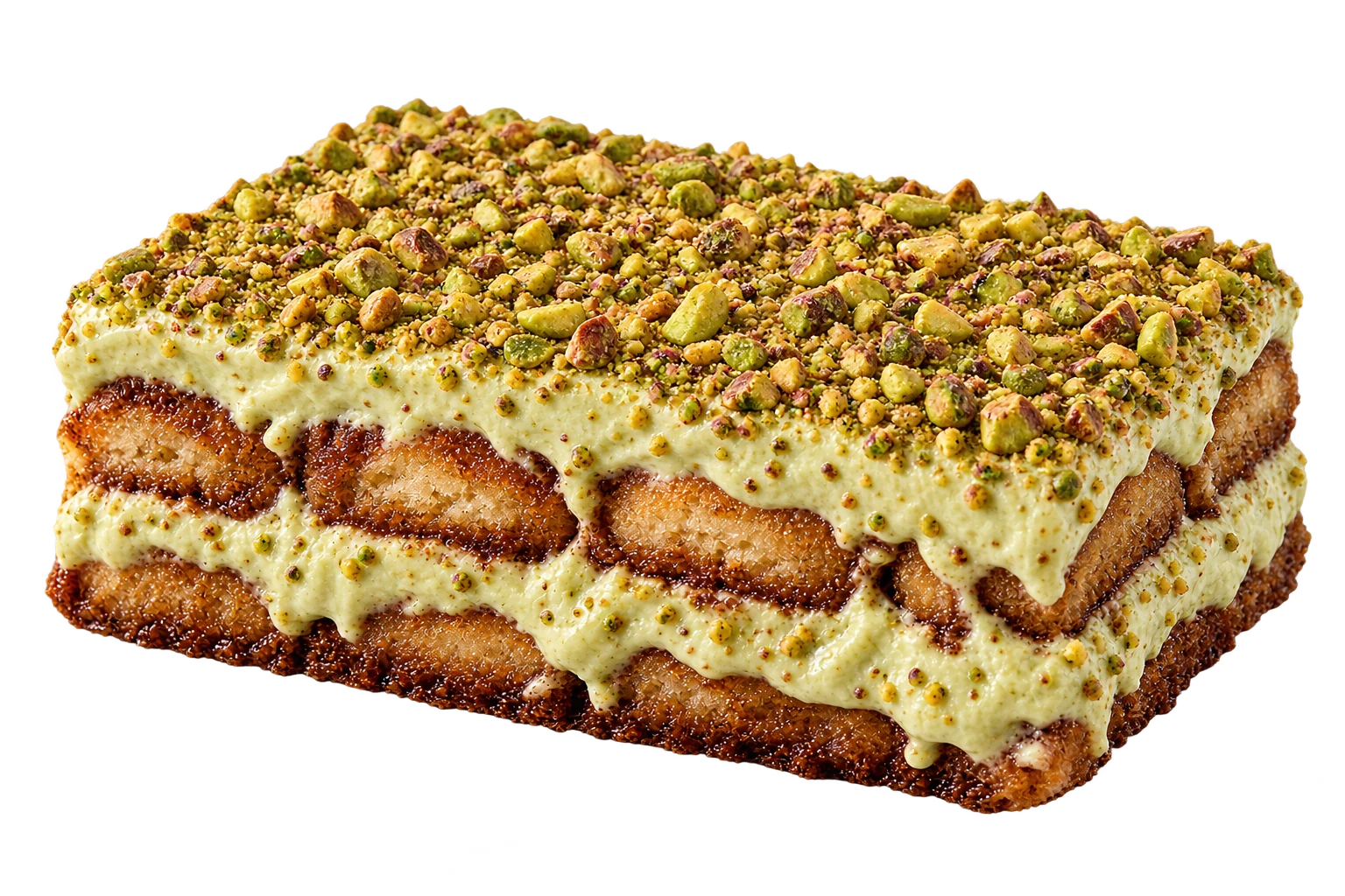 Pistachio tiramisu with pale green cream and finely chopped pistachios