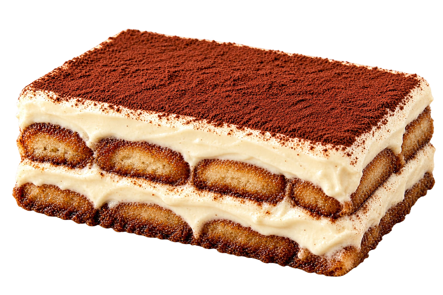 Protein tiramisu concept with structured ivory cream layers and a delicate cocoa top